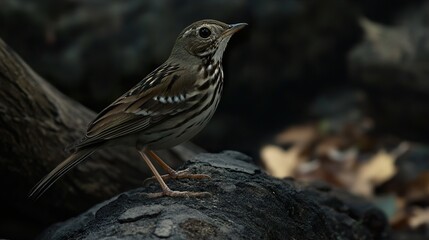 Fototapeta premium Close-Up of a Small Bird Perched on a Rock in a Forest