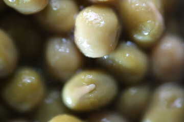 Macro shot of processed peas in the can
