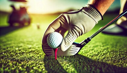close-up shot of a golfer hand placing a golf ball on a red tee, with a metal club ready for the shot