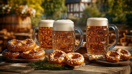 A lively scene in a German beer garden with large steins of beer and freshly baked pretzels on the table