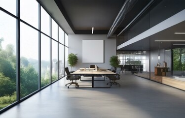 A modern office interior with a large window overlooking a green landscape.