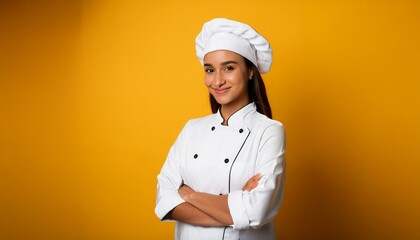 Woman in chef or cook uniform with hat on yellow isolated background