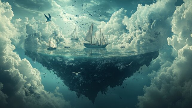 An inverted ocean floating in the air, boats sailing through the skies, birds diving through clouds like fish in water, surreal landscape, reversed physics scenery