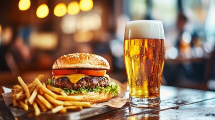 A classic burger and fries meal is served with a tall glass of beer in a busy diner
