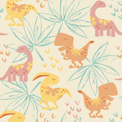 Adorable seamless pattern with dinosaurs and leaves. Colorful background with cute dinosaurs for kids.	