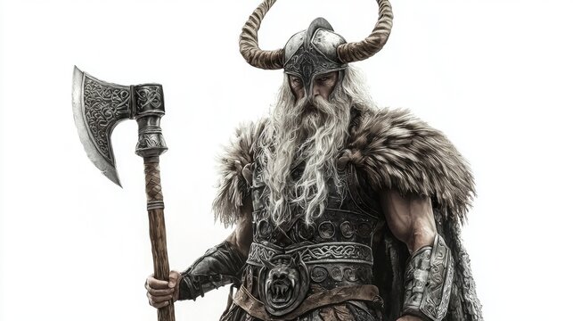 depiction features Sif a Scandinavian deity depicted in an intricate armor set with a flowing beard holding an imposing axe while standing alone.