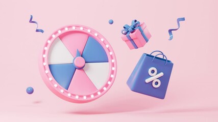 Spinning wheel with gifts, discount coupons, marketing discount promotion concept, 3d rendering.
