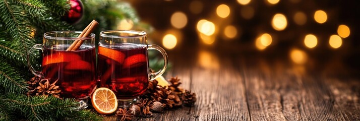 banner. A glass of mulled wine with orange slices and cinnamon sticks, surrounded by Christmas ornaments and tree
