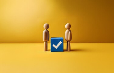 Two wooden figures stand in front of a blue cube with a white checkmark.