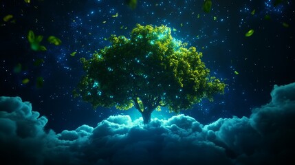 Fototapeta premium A surreal daydream where a tree grows into the clouds, its branches made of twisting light, inhabited by mythical creatures, Dreamlike, Soft Glow, Magical Atmosphere