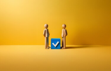 Two wooden figures stand on a yellow surface, facing a blue block with a white checkmark.