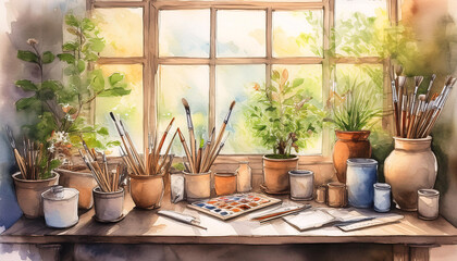 Fototapeta premium Watercolor art of a sunny studio with plants and art supplies