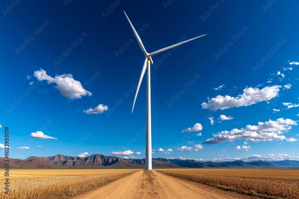 Poster A clean and simple wind turbine standing tall in an open field, with only a few scattered clouds in the blue sky above