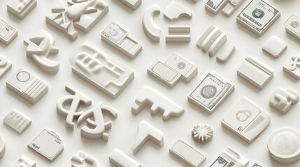 3D Minimalist Seamless Tile Design Featuring Geometric Currency and Discount Icons for Business Financial Advertising Backgrounds