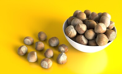 Bowl with tasty organic hazelnuts on yellow background
