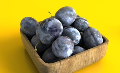 Fresh black plums fruit isolated on yellow background, black plums fruits on white With clipping path.
