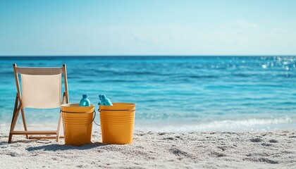 Highquality image of ecofriendly cleaning products in a bucket beside two chairs on a sandy beach