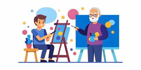 A Young Artist and Elderly Mentor Collaborating in a Bright Studio: Creative Generational Passion and Artistic Mentorship Concept with Space for Text in Photo Stock