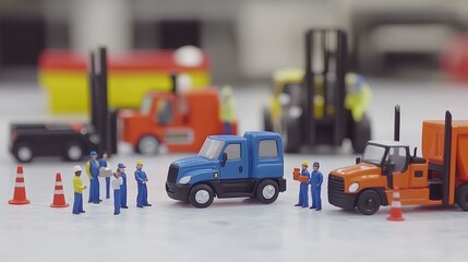 Miniature figures of construction workers standing around trucks and construction cones.