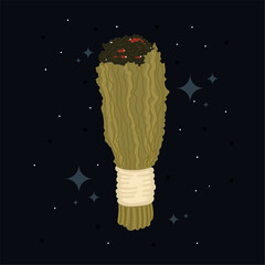 Burning sage bundle on dark mystical background, Vector