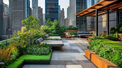 Modern Rooftop Garden with City Skyline View