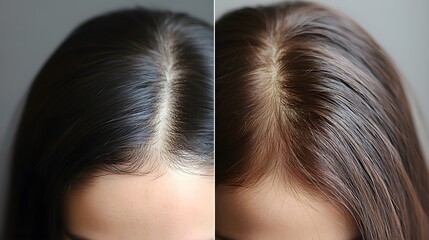 Fototapeta premium Side-by-side headshot comparison for hair loss treatment, highlighting thinning hair before and the stunning hair restoration achieved after the treatment