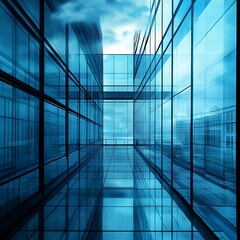 A modern glass corridor reflecting blue light and clouds, showcasing contemporary architectural design.