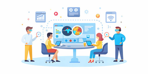 Capture a macro close up of team members brainstorming with holographic displays and augmented reality tools in a futuristic setting, showcasing innovative technology with copy space.