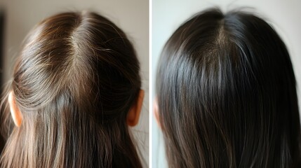 Fototapeta premium Hair thinning reversal testimonial, with before photos of patchy hair and after images demonstrating noticeable hair regrowth using natural remedies