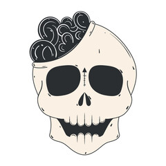 Skull with exposed brain illustration in black and white, Vector