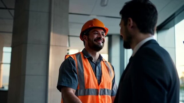construction worker and client shaking hands in modern office, successful business deal between construction worker and client, construction worker and client sealing the deal with a handshake