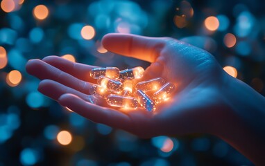 Hand gently holding glowing capsules, symbolizing a breakthrough in revolutionary medicine treatment