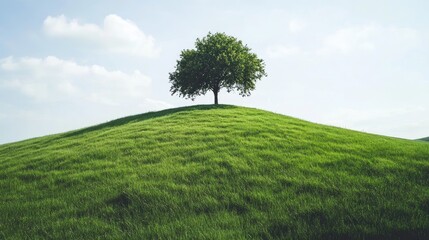 Serene Tree on a Rolling Green Hill Under a Clear Sky