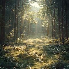 Naklejka premium Sunbeams Through a Lush Forest Path