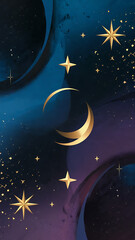 Golden Crescent Moon and Stars on a Blue and Purple Watercolor Background - Mystical Night Sky Design for Dreamy and Magical Projects. 
