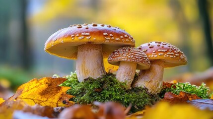 Fototapeta premium Colorful Mushrooms in Autumn Forest Setting