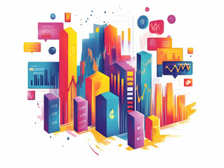 Dynamic Flat Vector Illustration of Floating Financial Charts with Currency Symbols and Discount Tags for Business Analysis and Advertising on White Background