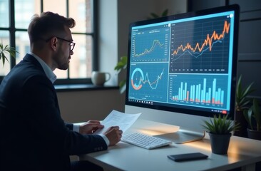 Fototapeta premium Professional looking at stock market graphs on a computer while analyzing data in a modern office during the afternoon