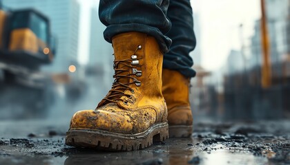 Legs of a construction worker in action, working on a building site, rugged boots, concrete background, dynamic construction environment