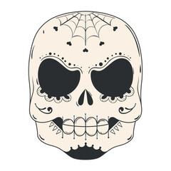 Spider web decorated sugar skull in black and white, Vector