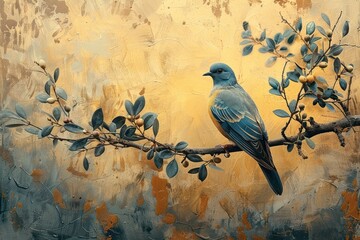Peaceful Olive Branch with Blue Dove on Grunge Paper Background
