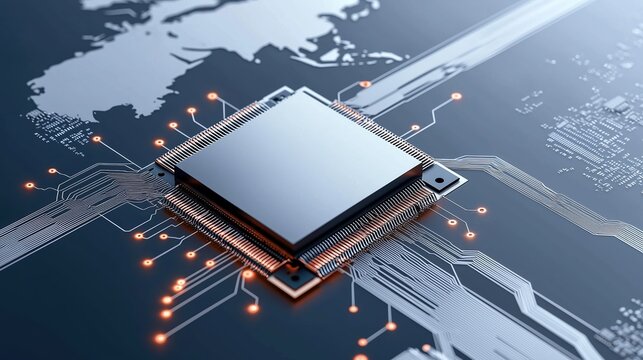 Computer chip is shown with a globe in the background. The chip is surrounded by a network of wires and circuits. Concept of technology and innovation - Powered by Adobe