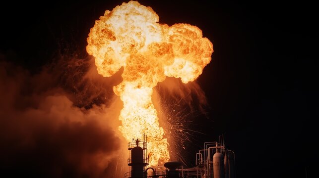 Huge explosion is seen in the sky above a large industrial plant