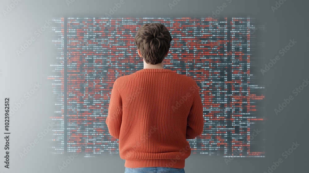 Aufkleber Man in an orange sweater is looking at a computer screen with a lot of numbers and lines. Concept of confusion and complexity, as the man is trying to make sense of the data on the screen