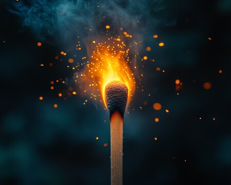 Dramatic image of a matchstick igniting, symbolizing the spark leading to a greater occurrence, intense fire dynamics, striking visuals