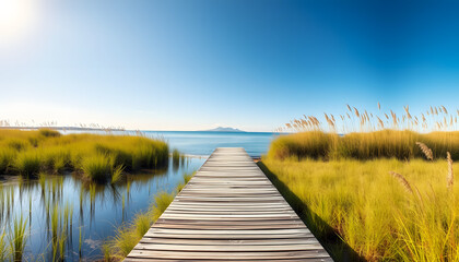 Fototapeta premium Waterfront Wooden Boardwalk Towards Lake Shore Surrounded By Grasses, Australia isolated with white highlights, png