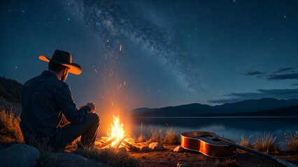 Cowboy sitting by a campfire under a starry sky with space for text on the right, capturing a peaceful Western night