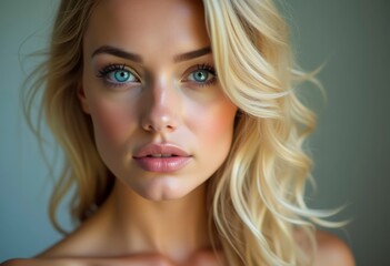 Naklejka premium Young Woman With Striking Blue Eyes and Flowing Blonde Hair Posing Softly in Natural Light