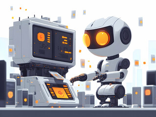 Fototapeta premium Flat Nano Robot Cash Counter Concept: Macro Shot of Tiny Robots Counting & Sorting Microscopic Cash Particles in a Smart Business Tone Illustration - Future of Automated Financial Transactions