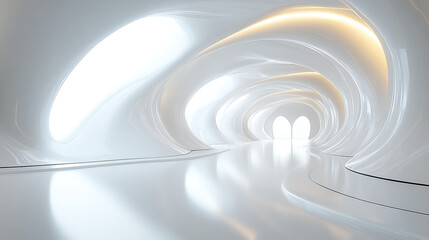 Fototapeta premium 3D render of a white futuristic interior with organic shapes, curved lines and smooth curves, glossy surface